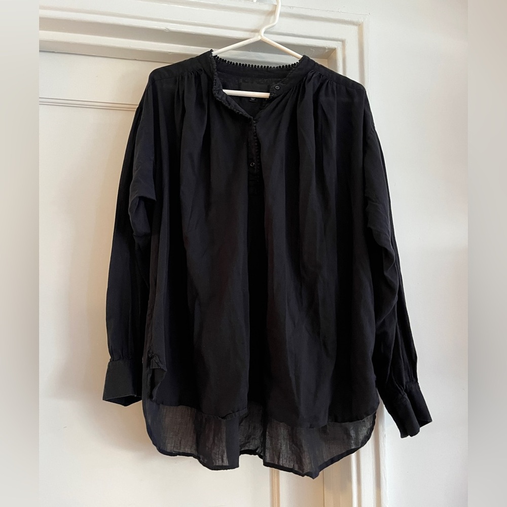 Nili Lotan Marcel Black Cotton Textured Trim Blouse